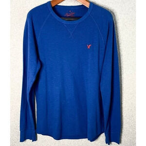 American Eagle Heritage Thermal Waffle Knit Shirt Men XL Blue Long Sleeve Cotton